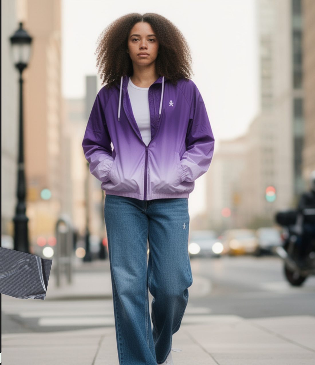 Mulher com jaqueta corta-vento degradê roxa